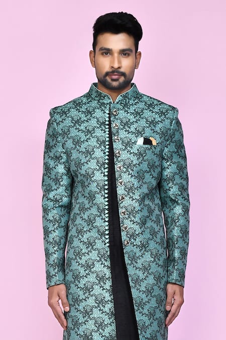 Shop_Arihant Rai Sinha_Green Jacquard, Silk Embroidery Vintage Iris Layered Sherwani With Aligadhi Pant _Online_at_Aza_Fashions