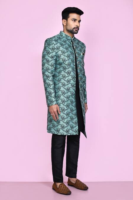 Arihant Rai Sinha_Green Jacquard, Silk Embroidery Vintage Iris Layered Sherwani With Aligadhi Pant _at_Aza_Fashions