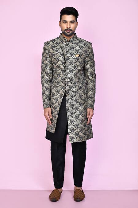 Buy_Arihant Rai Sinha_Black Jacquard, Silk, Faux Vintage Baroque Layered Sherwani With Aligadhi Pant _Online_at_Aza_Fashions