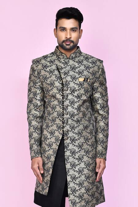 Shop Arihant Rai Sinha Black Jacquard, Silk, Faux Vintage Baroque Layered Sherwani With Aligadhi Pant Online at Aza Fashions Shop_Arihant Rai Sinha_Black Jacquard, Silk, Faux Vintage Baroque Layered Sherwani With Aligadhi Pant _Online_at_Aza_Fashions