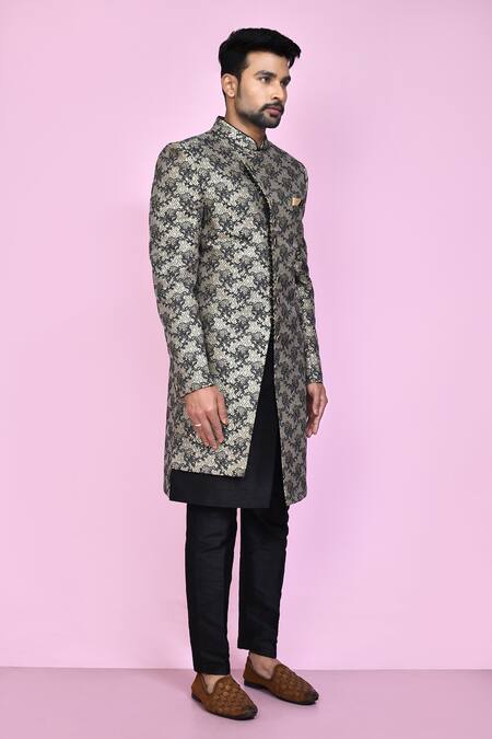 Arihant Rai Sinha_Black Jacquard, Silk, Faux Vintage Baroque Layered Sherwani With Aligadhi Pant _at_Aza_Fashions