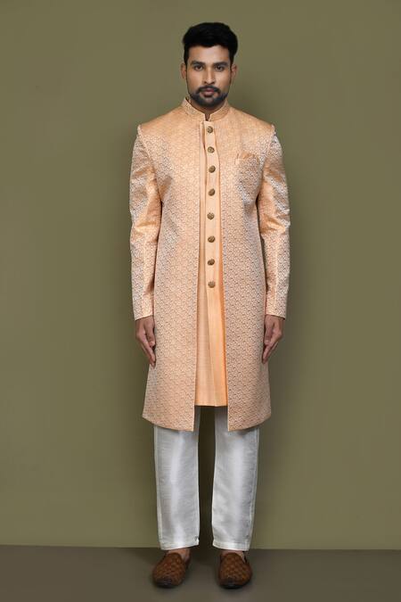 Buy_Arihant Rai Sinha_Orange Jacquard, Silk Embroidery Prism Maze Layered Sherwani With Aligadhi Pant_Online_at_Aza_Fashions