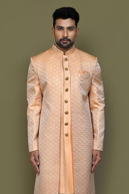 Shop Arihant Rai Sinha Orange Jacquard, Silk Embroidery Prism Maze Layered Sherwani With Aligadhi Pant Online at Aza Fashions Shop_Arihant Rai Sinha_Orange Jacquard, Silk Embroidery Prism Maze Layered Sherwani With Aligadhi Pant_Online_at_Aza_Fashions