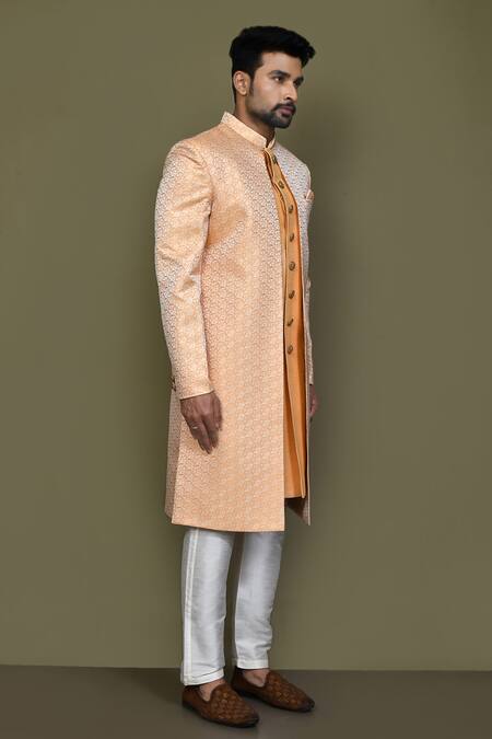 Arihant Rai Sinha_Orange Jacquard, Silk Embroidery Prism Maze Layered Sherwani With Aligadhi Pant_at_Aza_Fashions