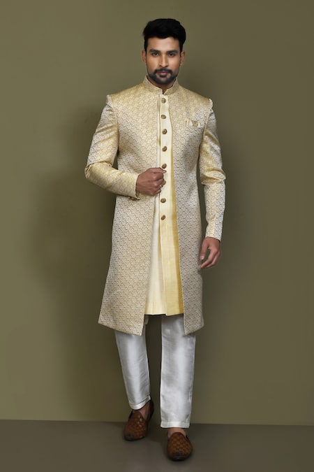 Aryavir Malhotra Gold Layered Sherwani Jaquard Silk Prism Helix With Aligadhi Pant