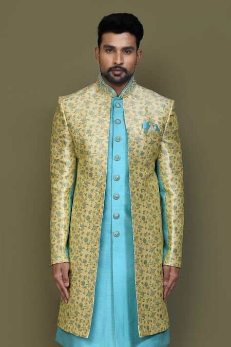 Shop_Arihant Rai Sinha_Blue Jacquard, Silk Embroidery Padma Garden Layered Sherwani With Aligadhi Pant _Online_at_Aza_Fashions