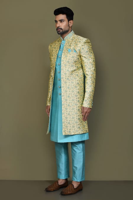 Arihant Rai Sinha_Blue Jacquard, Silk Embroidery Padma Garden Layered Sherwani With Aligadhi Pant _at_Aza_Fashions