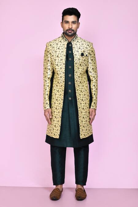 Buy_Arihant Rai Sinha_Beige Jacquard, Silk Mughal Garden Layered Sherwani With Aligadhi Pant _Online_at_Aza_Fashions