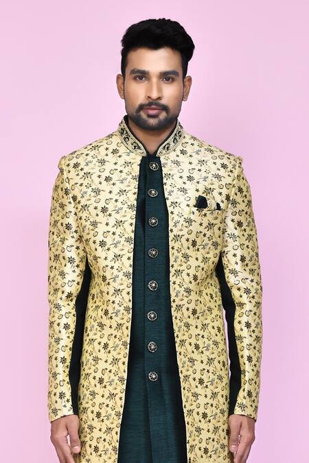 Shop_Arihant Rai Sinha_Beige Jacquard, Silk Mughal Garden Layered Sherwani With Aligadhi Pant _Online_at_Aza_Fashions