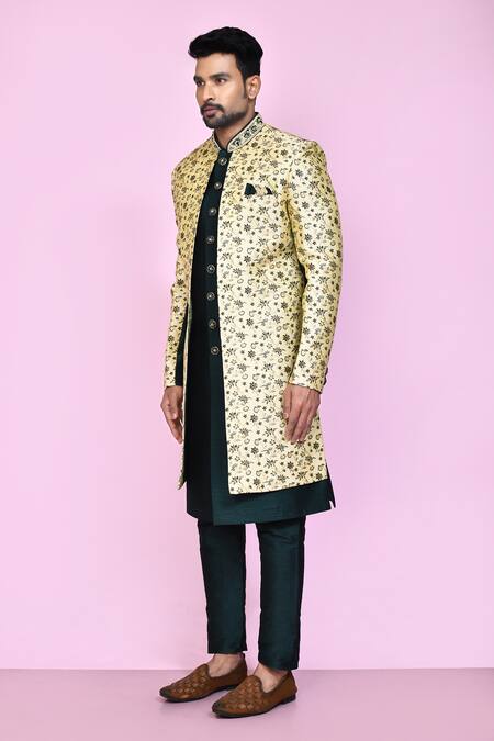 Arihant Rai Sinha_Beige Jacquard, Silk Mughal Garden Layered Sherwani With Aligadhi Pant _at_Aza_Fashions