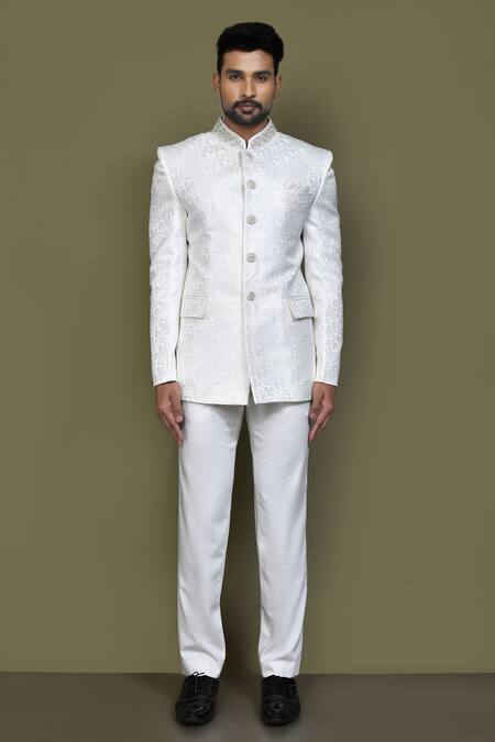 Arihant Rai Sinha_Off White Jacquard Embroidery Floral Woven Bandhgala_Online_at_Aza_Fashions