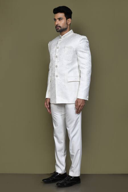 Shop_Arihant Rai Sinha_Off White Jacquard Embroidery Floral Woven Bandhgala_Online_at_Aza_Fashions