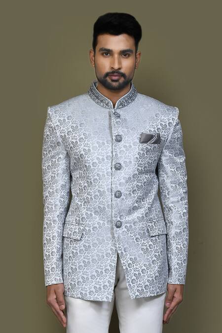 Arihant Rai Sinha Grey Jacquard, Silk Cut Work, Beads Flower Woven Bandhgala Online at Aza Fashions Arihant Rai Sinha_Grey Jacquard, Silk Cut Work, Beads Flower Woven Bandhgala_Online_at_Aza_Fashions