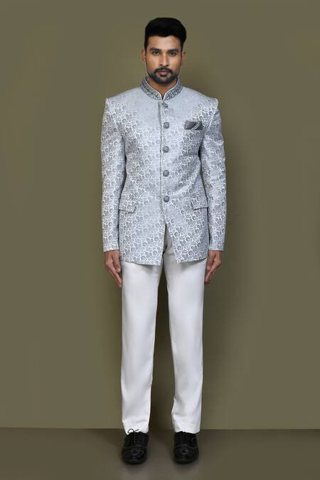 Buy_Arihant Rai Sinha_Grey Jacquard, Silk Cut Work, Beads Flower Woven Bandhgala_Online_at_Aza_Fashions