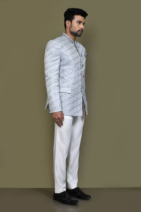 Shop_Arihant Rai Sinha_Grey Jacquard, Silk Cut Work, Beads Flower Woven Bandhgala_Online_at_Aza_Fashions
