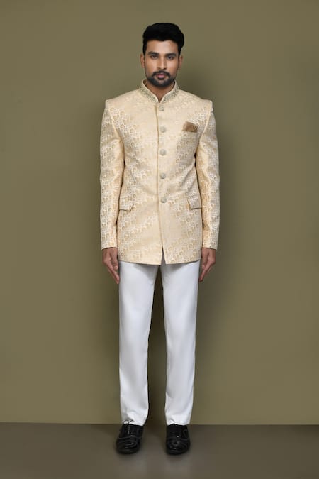 Arihant Rai Sinha_Cream Jacquard, Silk Cut Work, Beads Floral Pattern Bandhgala_Online_at_Aza_Fashions