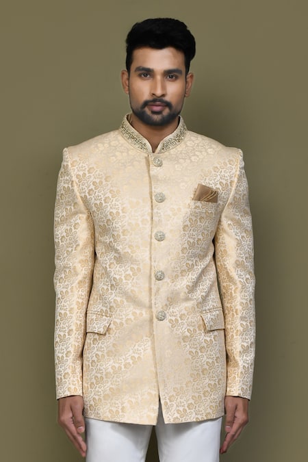 Buy_Arihant Rai Sinha_Cream Jacquard, Silk Cut Work, Beads Floral Pattern Bandhgala_Online_at_Aza_Fashions