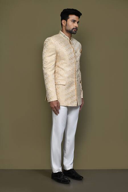 Shop_Arihant Rai Sinha_Cream Jacquard, Silk Cut Work, Beads Floral Pattern Bandhgala_Online_at_Aza_Fashions