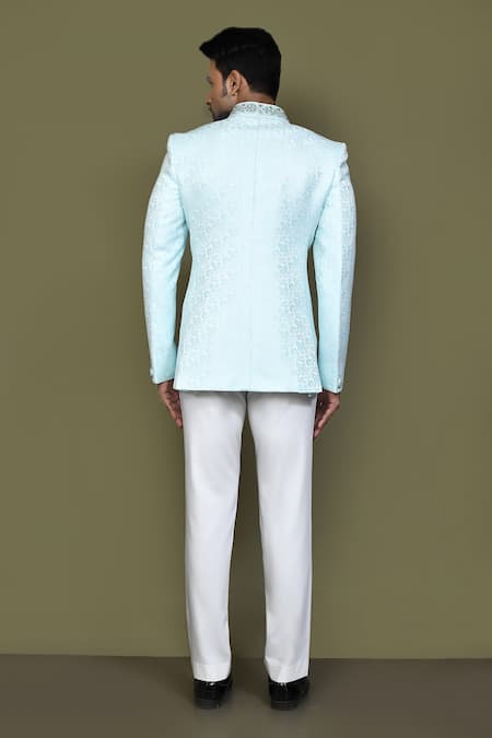 Arihant Rai Sinha_Green Jacquard, Silk Embroidery, Beads Flower Pattern Bandhgala _Online_at_Aza_Fashions