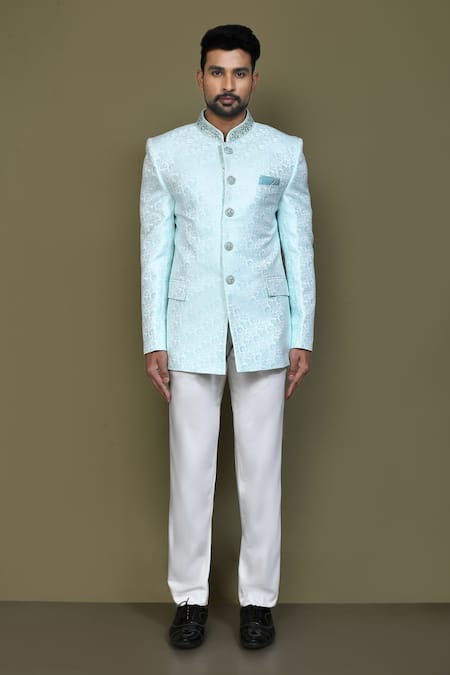 Buy_Arihant Rai Sinha_Green Jacquard, Silk Embroidery, Beads Flower Pattern Bandhgala _Online_at_Aza_Fashions