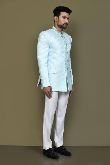 Shop_Arihant Rai Sinha_Green Jacquard, Silk Embroidery, Beads Flower Pattern Bandhgala _Online_at_Aza_Fashions