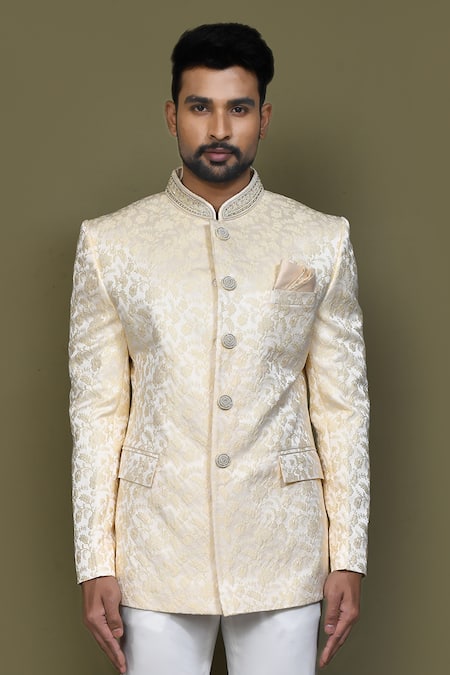 Arihant Rai Sinha_Beige Jacquard Embroidery Floral Vine Woven Bandhgala _Online_at_Aza_Fashions
