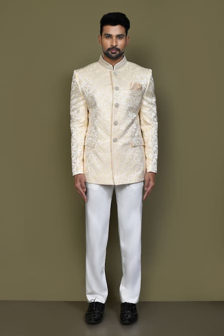 Buy_Arihant Rai Sinha_Beige Jacquard Embroidery Floral Vine Woven Bandhgala _Online_at_Aza_Fashions