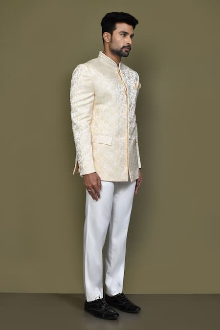 Shop_Arihant Rai Sinha_Beige Jacquard Embroidery Floral Vine Woven Bandhgala _Online_at_Aza_Fashions