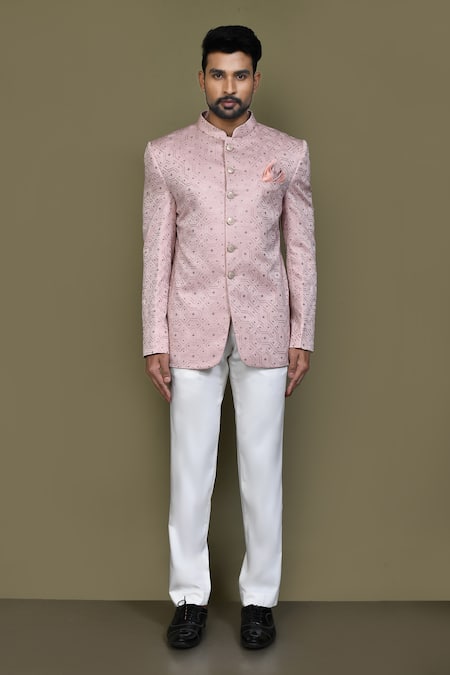 Buy_Arihant Rai Sinha_Peach Silk Embroidery Hexagon Bandhgala _Online_at_Aza_Fashions