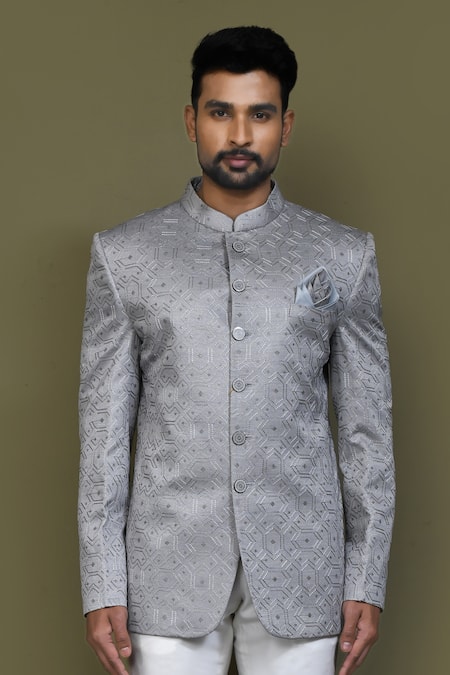 Arihant Rai Sinha_Grey Embroidery Thread Work Bandhgala _Online_at_Aza_Fashions