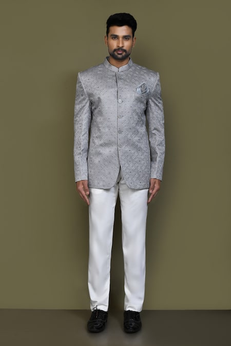 Buy_Arihant Rai Sinha_Grey Embroidery Thread Work Bandhgala _Online_at_Aza_Fashions