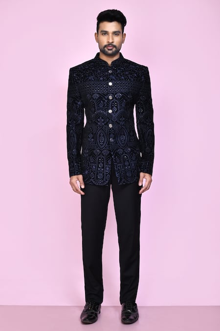 Buy_Arihant Rai Sinha_Blue Velvet, Faux Leather Sequins, Embroidery Thread Work Bandhgala _Online_at_Aza_Fashions