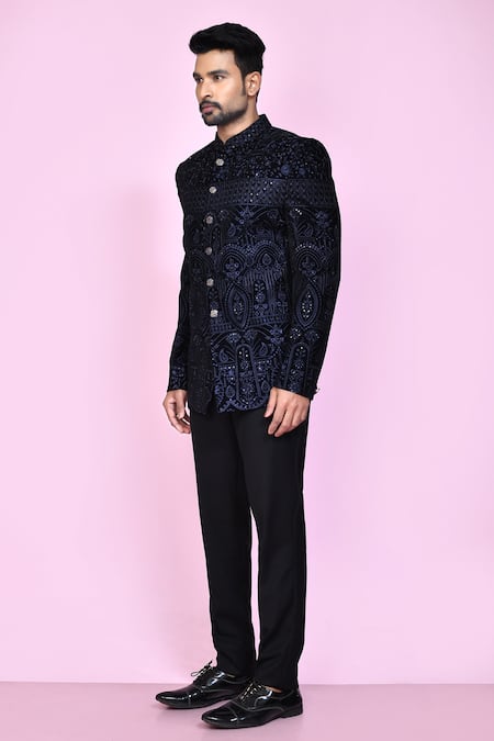 Shop_Arihant Rai Sinha_Blue Velvet, Faux Leather Sequins, Embroidery Thread Work Bandhgala _Online_at_Aza_Fashions