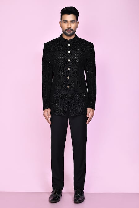 Buy_Arihant Rai Sinha_Black Velvet Sequins, Embroidery Thread Bandhgala _Online_at_Aza_Fashions