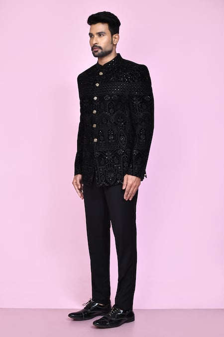 Shop_Arihant Rai Sinha_Black Velvet Sequins, Embroidery Thread Bandhgala _Online_at_Aza_Fashions