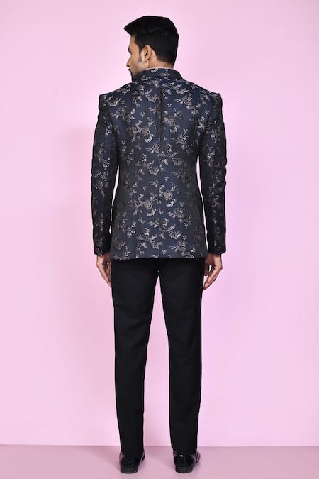 Shop_Arihant Rai Sinha_Black Jacquard, Silk Embroidery Bloom Woven Bandhgala _at_Aza_Fashions