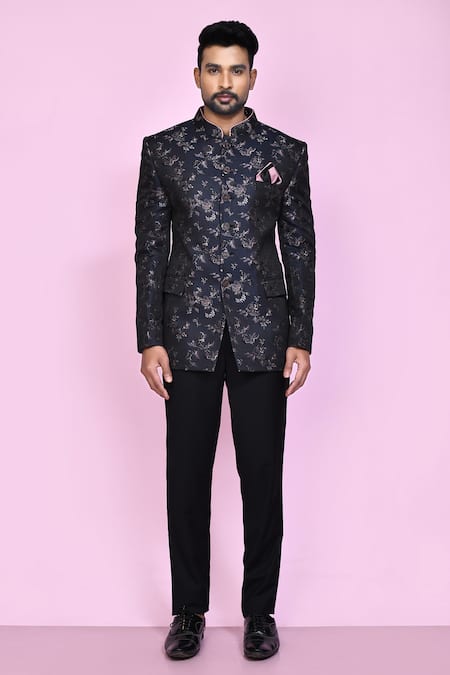 Arihant Rai Sinha_Black Jacquard, Silk Embroidery Bloom Woven Bandhgala _Online_at_Aza_Fashions