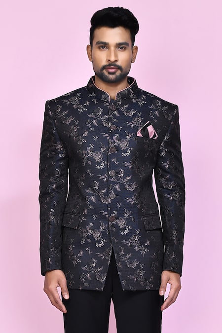 Buy_Arihant Rai Sinha_Black Jacquard, Silk Embroidery Bloom Woven Bandhgala _Online_at_Aza_Fashions