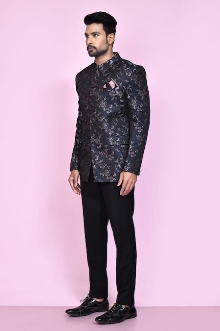 Shop_Arihant Rai Sinha_Black Jacquard, Silk Embroidery Bloom Woven Bandhgala _Online_at_Aza_Fashions