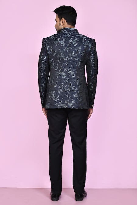 Arihant Rai Sinha_Black Jacquard, Silk, Faux Leather Embroidery Flower And Leaf Woven Bandhgala _Online_at_Aza_Fashions