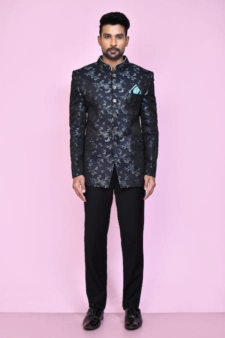 Buy_Arihant Rai Sinha_Black Jacquard, Silk, Faux Leather Embroidery Flower And Leaf Woven Bandhgala _Online_at_Aza_Fashions
