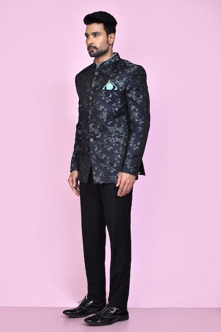 Shop_Arihant Rai Sinha_Black Jacquard, Silk, Faux Leather Embroidery Flower And Leaf Woven Bandhgala _Online_at_Aza_Fashions