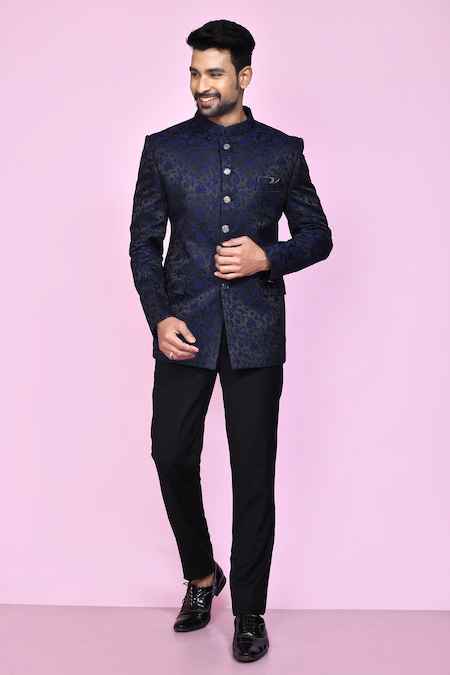 Arihant Rai Sinha Blue Jacquard, Silk Embroidery Garden Woven Bandhgala 