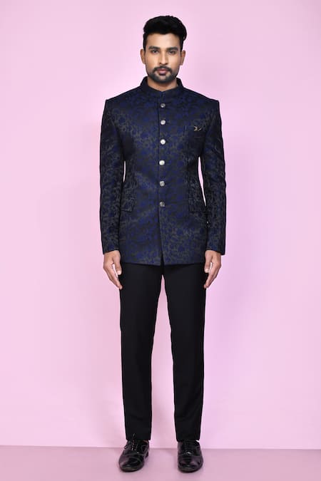 Buy_Arihant Rai Sinha_Blue Jacquard, Silk Embroidery Garden Woven Bandhgala _Online_at_Aza_Fashions