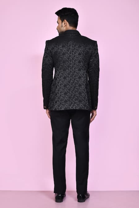 Shop_Arihant Rai Sinha_Black Jacquard, Silk Embroidery Botanical Woven Bandhgala _at_Aza_Fashions