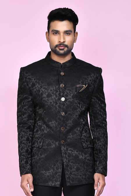 Arihant Rai Sinha_Black Jacquard, Silk Embroidery Botanical Woven Bandhgala _Online_at_Aza_Fashions