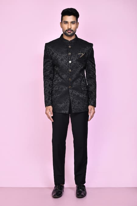 Buy_Arihant Rai Sinha_Black Jacquard, Silk Embroidery Botanical Woven Bandhgala _Online_at_Aza_Fashions