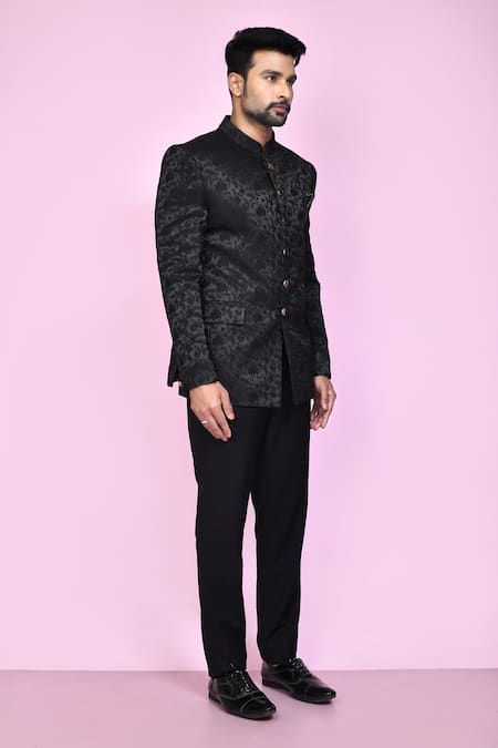 Shop_Arihant Rai Sinha_Black Jacquard, Silk Embroidery Botanical Woven Bandhgala _Online_at_Aza_Fashions
