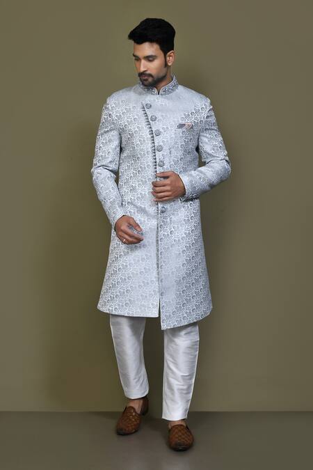 Aryavir Malhotra Grey Sherwani Imported Jaquard Silk Blossom Flowery With Aligadhi Pant