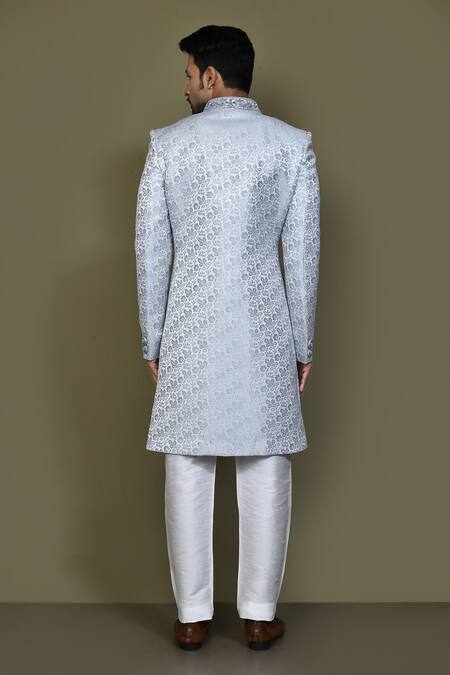 Shop_Arihant Rai Sinha_Grey Jacquard, Silk Embroidery Flowery Sherwani With Aligadhi Pant_at_Aza_Fashions